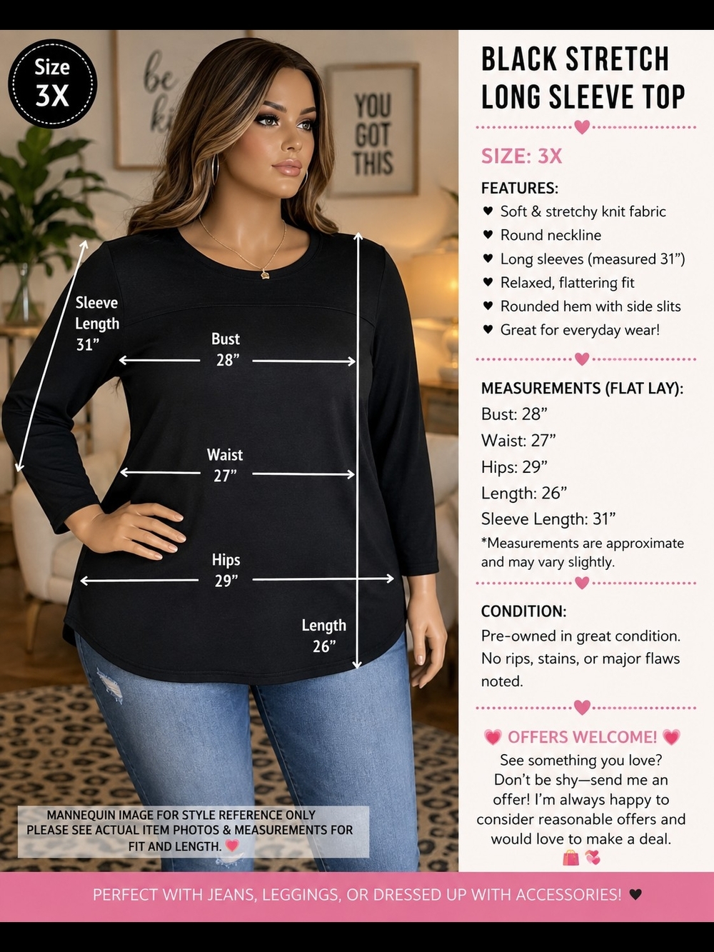 Terra & Sky 3X Super Soft Black Tunic Top Relaxed Stretch Fit 24W 26W